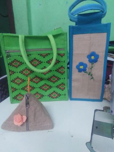 EMBROIDERY JUTE LUNCH BAG, WATERCANE BAG AND COIN POUCH 